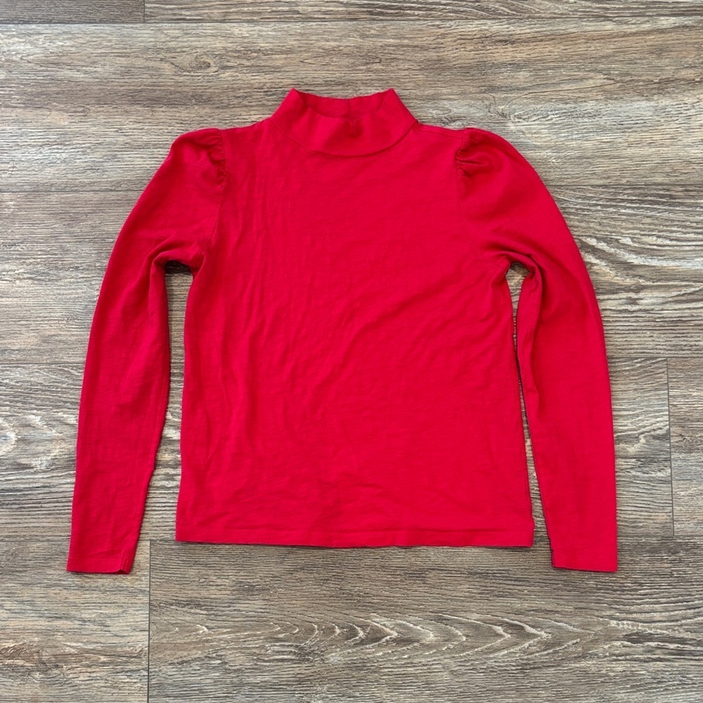 Loft 100% Cotton Red Puff Sleeve Long Sleeve Mock Neck Top Women's Size Medium